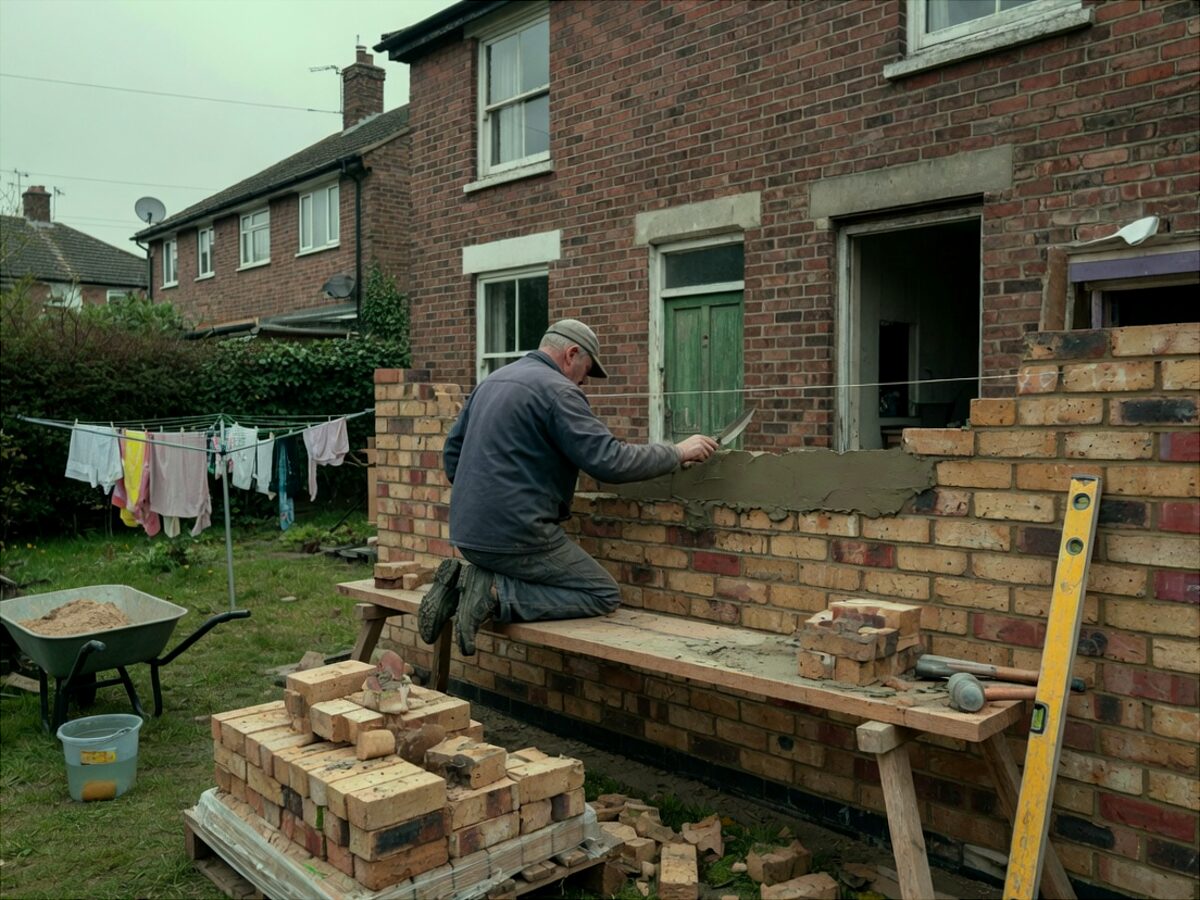 Bricklayer laying a buff brick wall against the back of a red-brick house